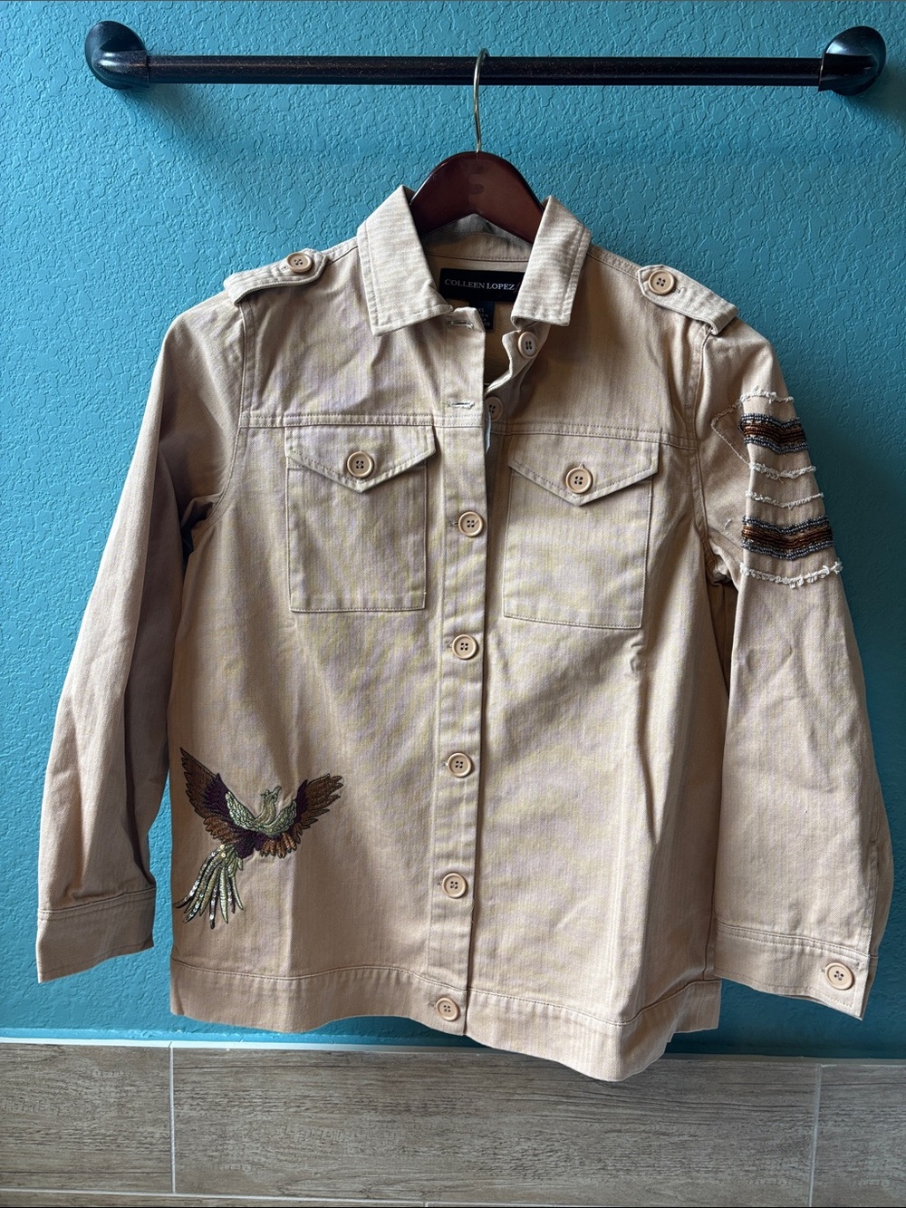 Colleen Lopez Tan Embroidered Bird Utility Jacket
